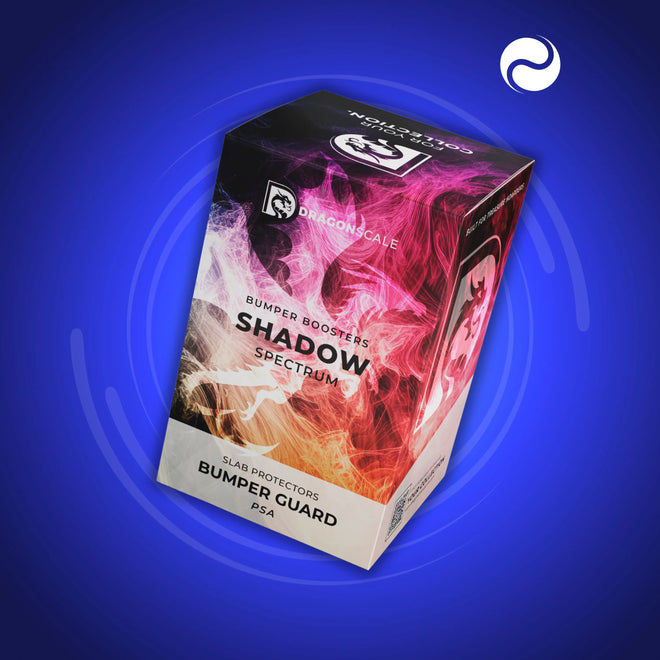 Front-facing view of the Dragonscale Shadow Spectrum bumper booster box, featuring a display packaging box for 10-pack PSA bumper guards.