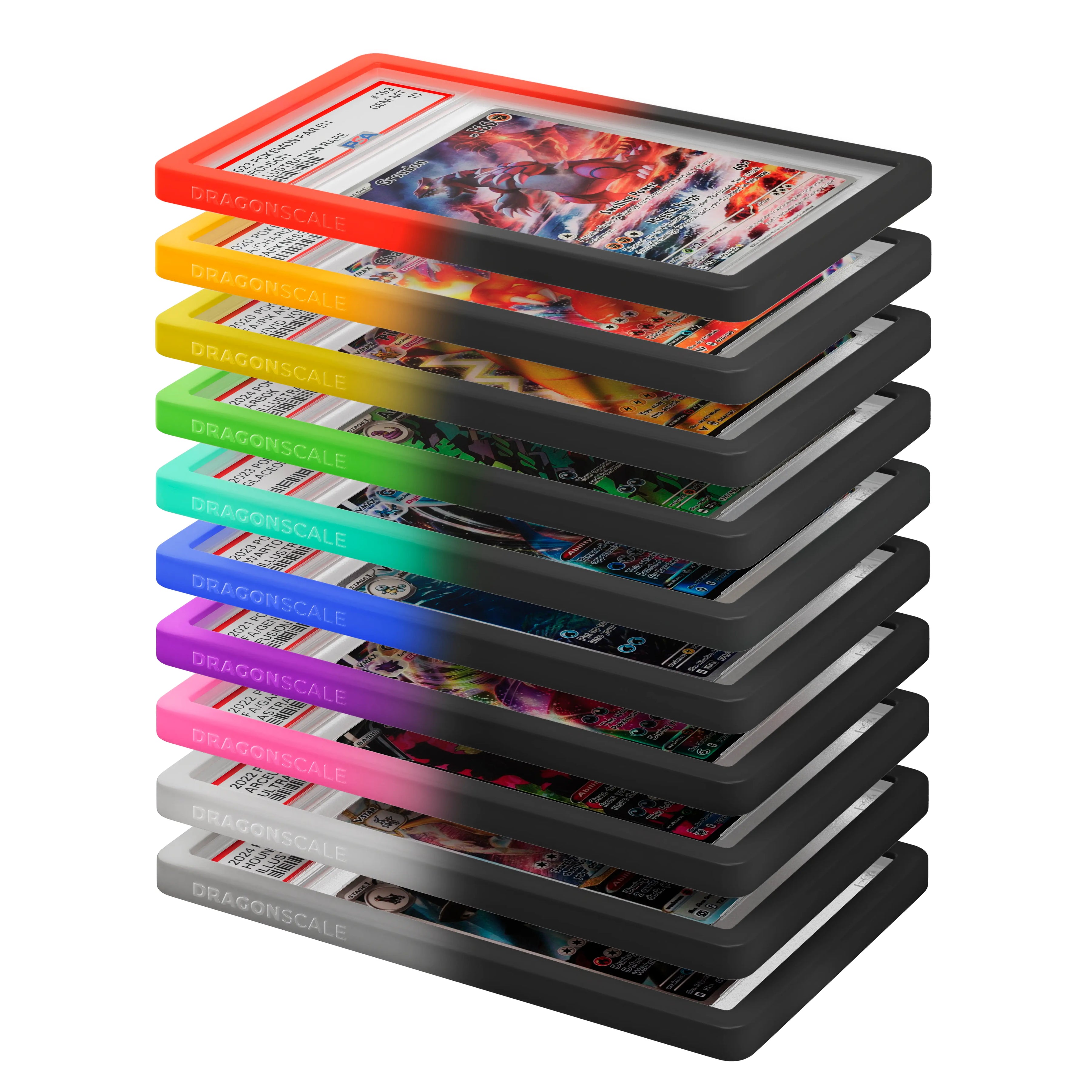 Vertical stack of Dragonscale PSA bumper guards from the Shadow Spectrum bumper booster box, showcasing PSA slabs with guards in 10 different colors.