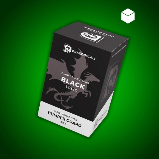 Front-facing view of the Dragonscale Solid Black bumper booster box, featuring a display packaging box for 10-pack PSA bumper guards.