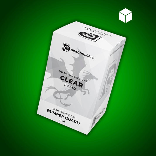 Front-facing view of the Dragonscale Solid Clear bumper booster box, featuring a display packaging box for 10-pack PSA bumper guards.