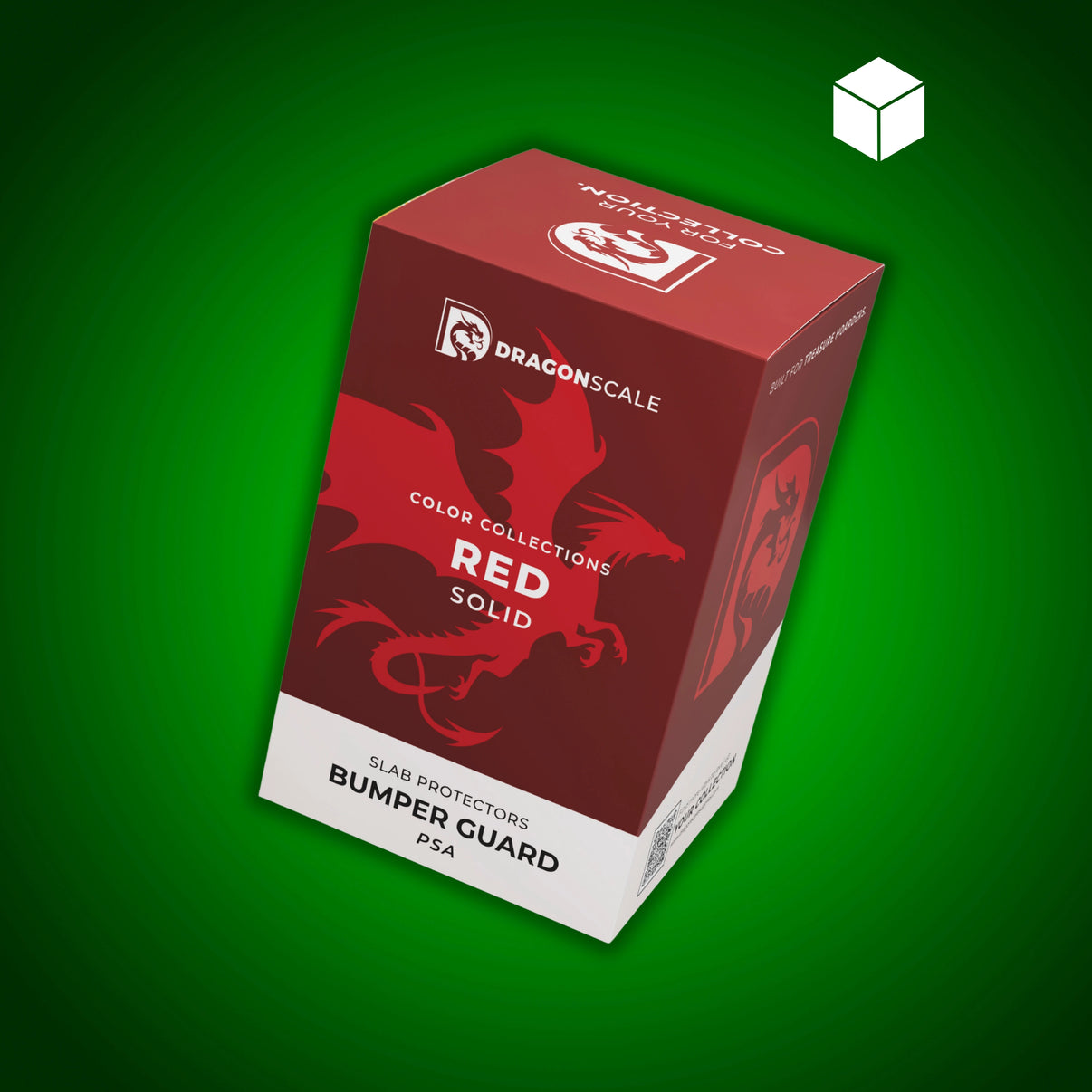 Front-facing view of the Dragonscale Solid Red bumper booster box, featuring a display packaging box for 10-pack PSA bumper guards.