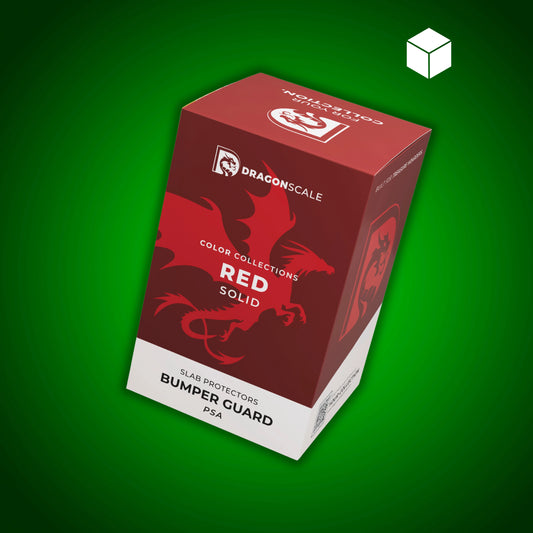 Front-facing view of the Dragonscale Solid Red bumper booster box, featuring a display packaging box for 10-pack PSA bumper guards.