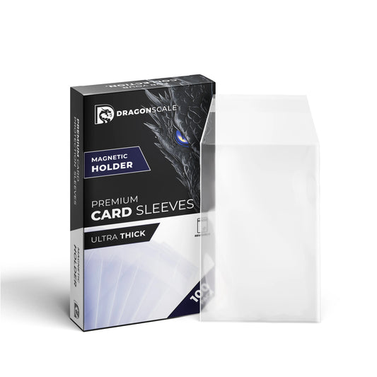 Dragonscale 100-pack Toploader card sleeves with retail box shown beside a single clear sleeve.