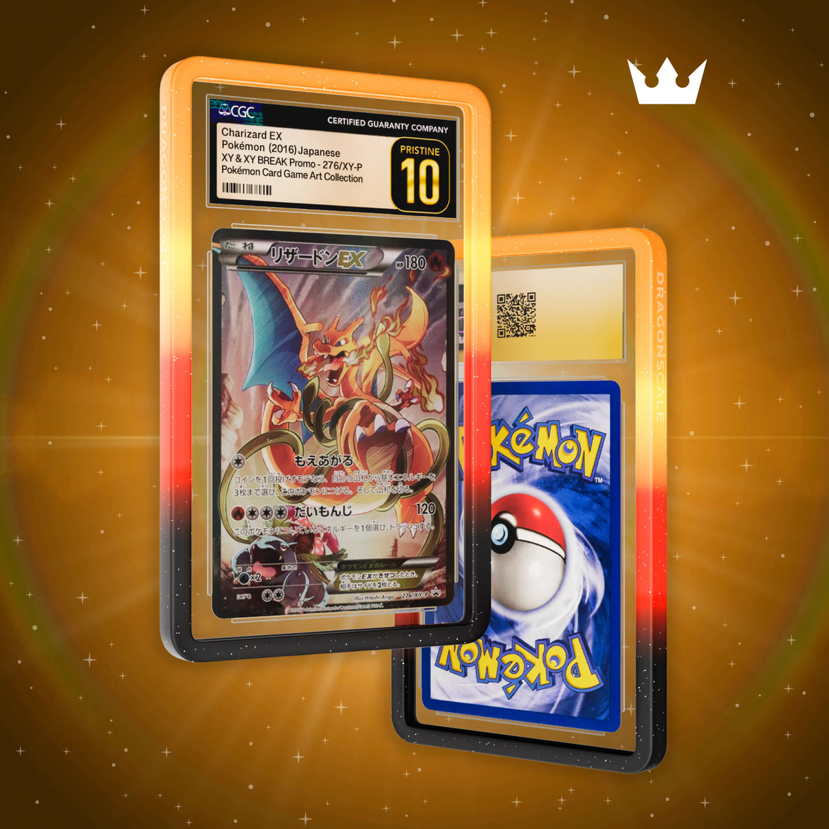 Front and back view of a CGC slab in Mythic Overheat Dragonscale bumper guard, featuring a Charizard ex - Art Collection Book Promo XY CGC 10 Pokemon card.
