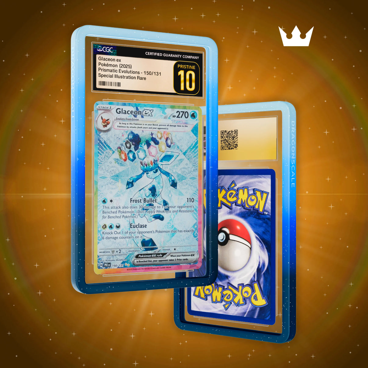 Front and back view of a CGC slab in Mythic Permafrost Dragonscale bumper guard, featuring a Glaceon Ex Prismatic Evolution CGC 10 Pokemon card.