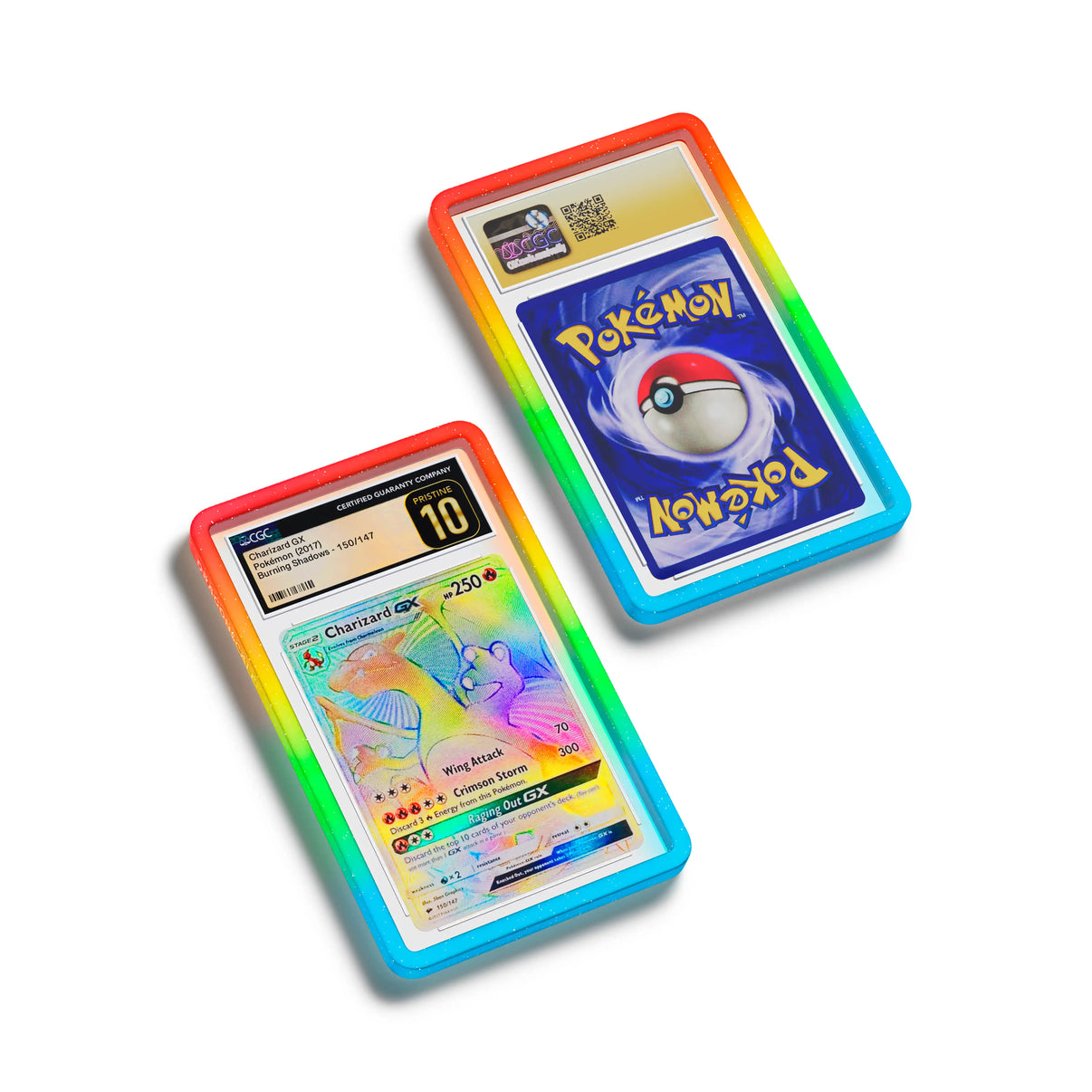 Top-down flat view of a CGC slab in Mythic Rainbow Dragonscale bumper guard, featuring a Charizard GX (Secret) Burning Shadows CGC 10 Pokemon card.