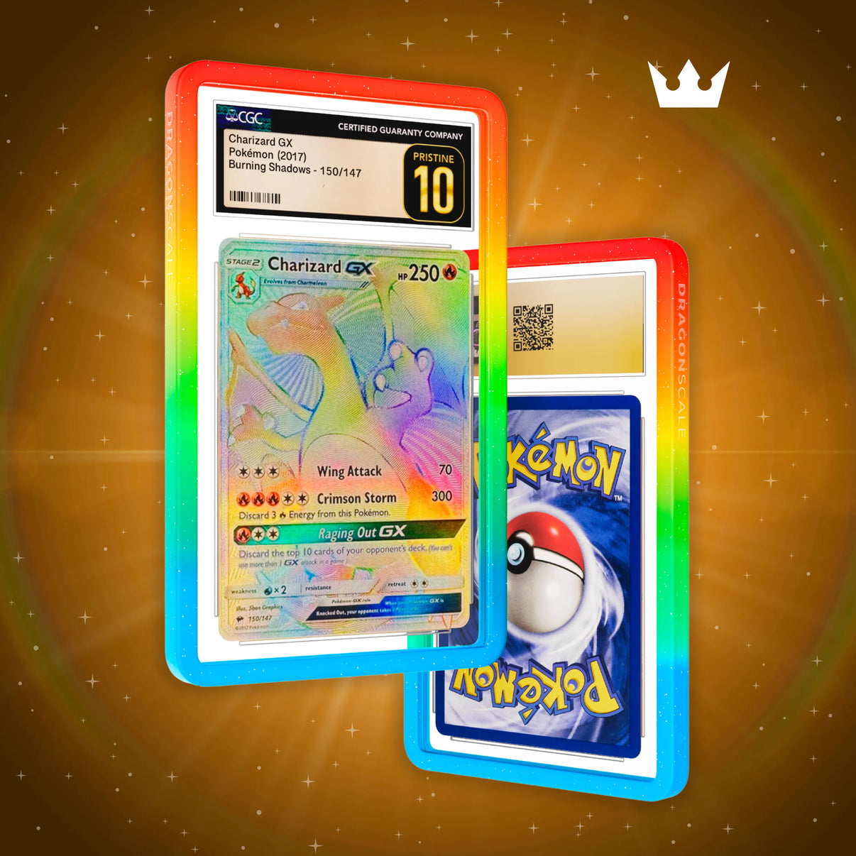 Front and back view of a CGC slab in Mythic Rainbow Dragonscale bumper guard, featuring a Charizard GX (Secret) Burning Shadows CGC 10 Pokemon card.