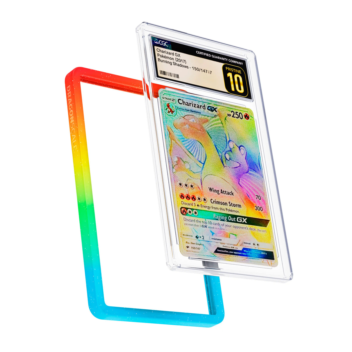 Display and demo view of a CGC slab in Mythic Rainbow Dragonscale bumper guard, featuring a Charizard GX (Secret) Burning Shadows CGC 10 Pokemon card.