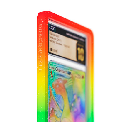 Close up logo zoom view of a CGC slab in Mythic Rainbow Dragonscale bumper guard, featuring a Charizard GX (Secret) Burning Shadows CGC 10 Pokemon card.