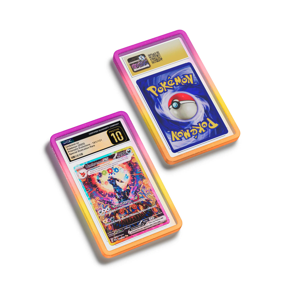 Top-down flat view of a CGC slab in Mythic Supernova Dragonscale bumper guard, featuring a Umbreon Ex Prismatic Evolution CGC 10 Pokemon card.
