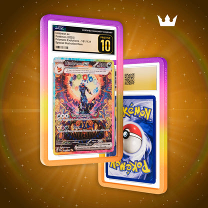 Front and back view of a CGC slab in Mythic Supernova Dragonscale bumper guard, featuring a Umbreon Ex Prismatic Evolution CGC 10 Pokemon card.