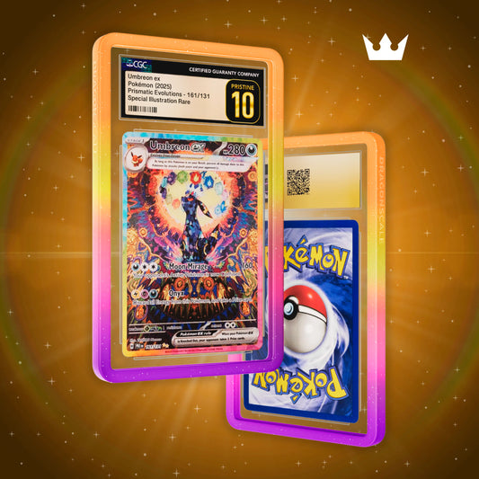 Front and back view of a CGC slab in Mythic Supernova Dragonscale bumper guard, featuring a Umbreon Ex Prismatic Evolution CGC 10 Pokemon card.