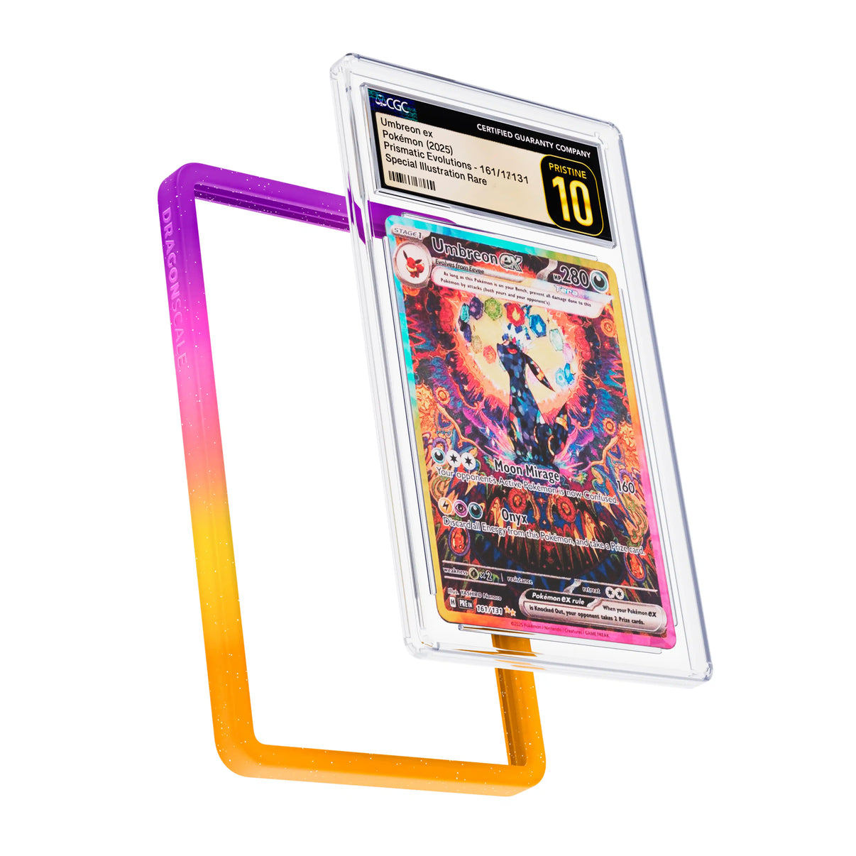 Display and demo view of a CGC slab in Mythic Supernova Dragonscale bumper guard, featuring a Umbreon Ex Prismatic Evolution CGC 10 Pokemon card.