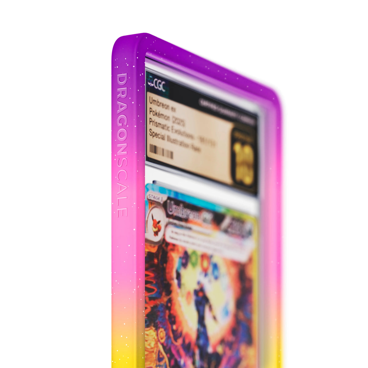 Close up logo zoom view of a CGC slab in Mythic Supernova Dragonscale bumper guard, featuring a Umbreon Ex Prismatic Evolution CGC 10 Pokemon card.