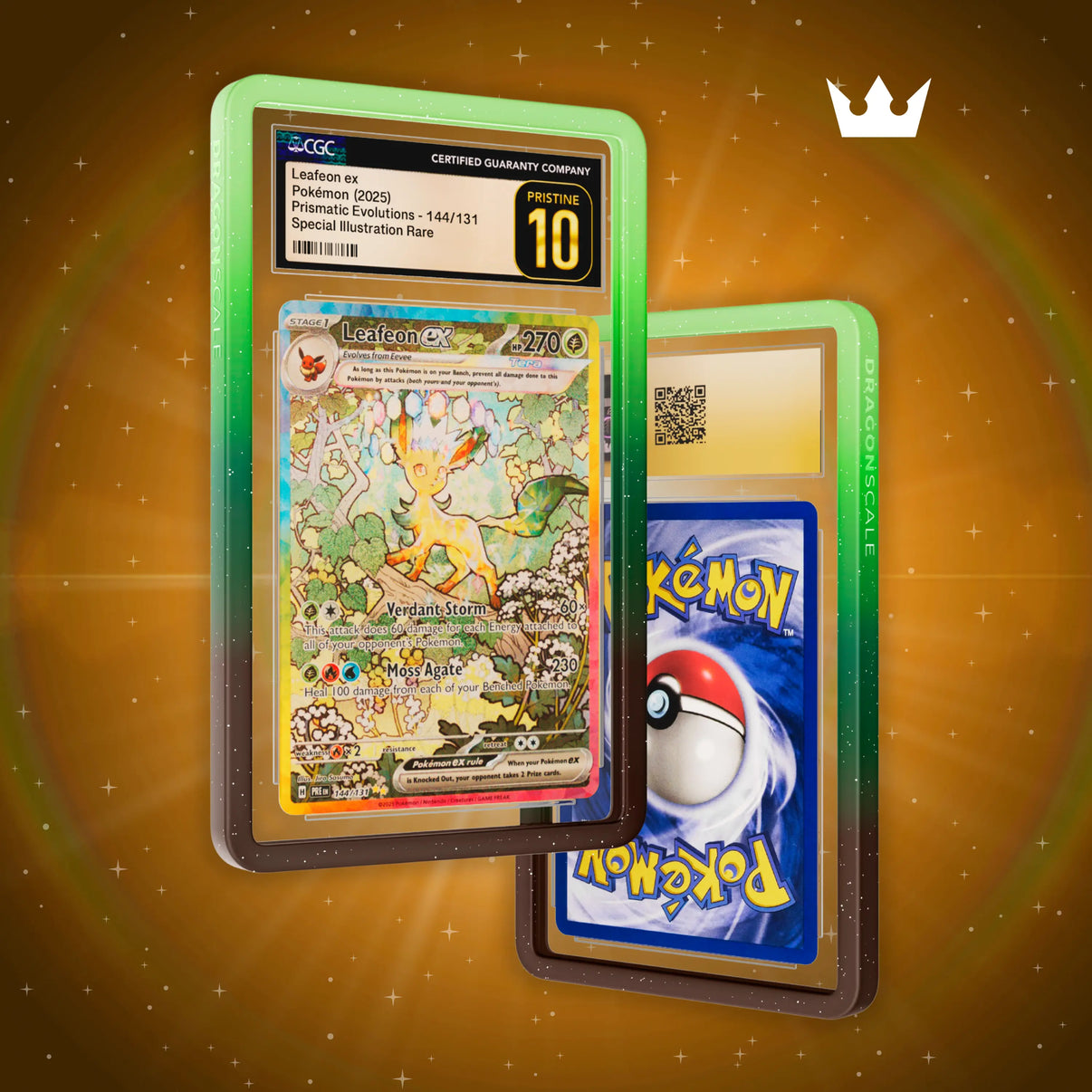 Front and back view of a CGC slab in Mythic Wildbloom Dragonscale bumper guard, featuring a Leafeon Ex Prismatic Evolution CGC 10 Pokemon card.