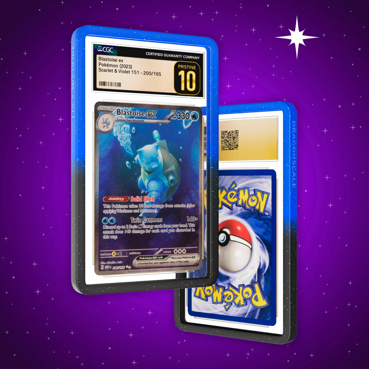 Front and back view of a CGC slab in Radiant Abyssal Dragonscale bumper guard, featuring a Blastoise EX Mew 151 CGC 10 Pokemon card.
