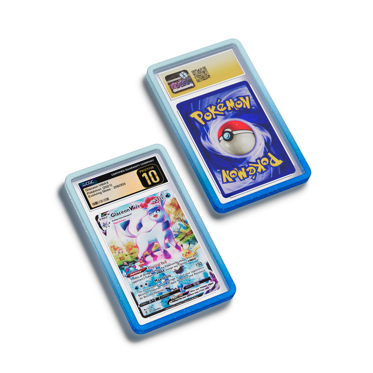 Top-down flat view of a CGC slab in Radiant Aqua Dragonscale bumper guard, featuring a Glaceon VMAX Evolving Skies CGC 10 Pokemon card.