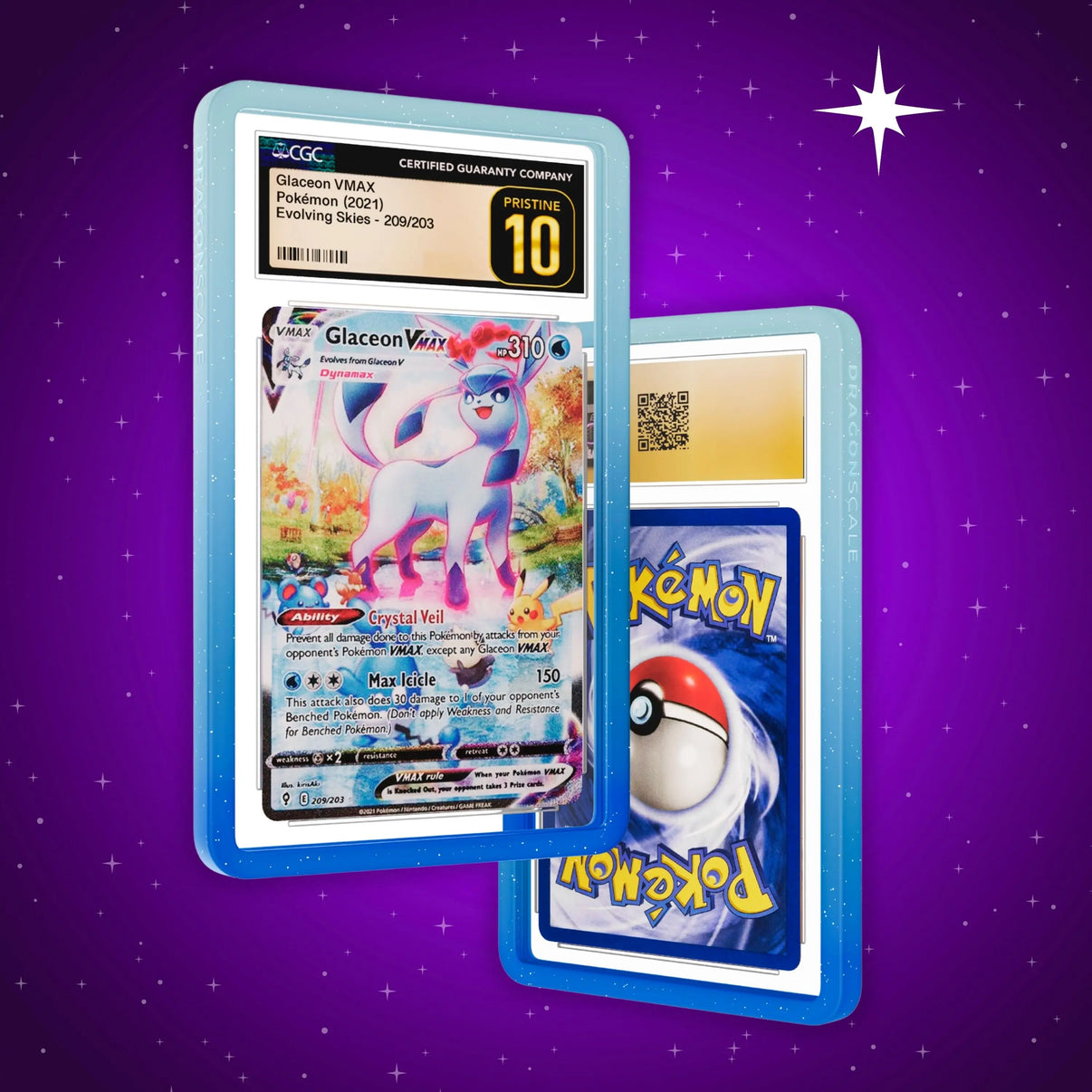 Front and back view of a CGC slab in Radiant Aqua Dragonscale bumper guard, featuring a Glaceon VMAX Evolving Skies CGC 10 Pokemon card.
