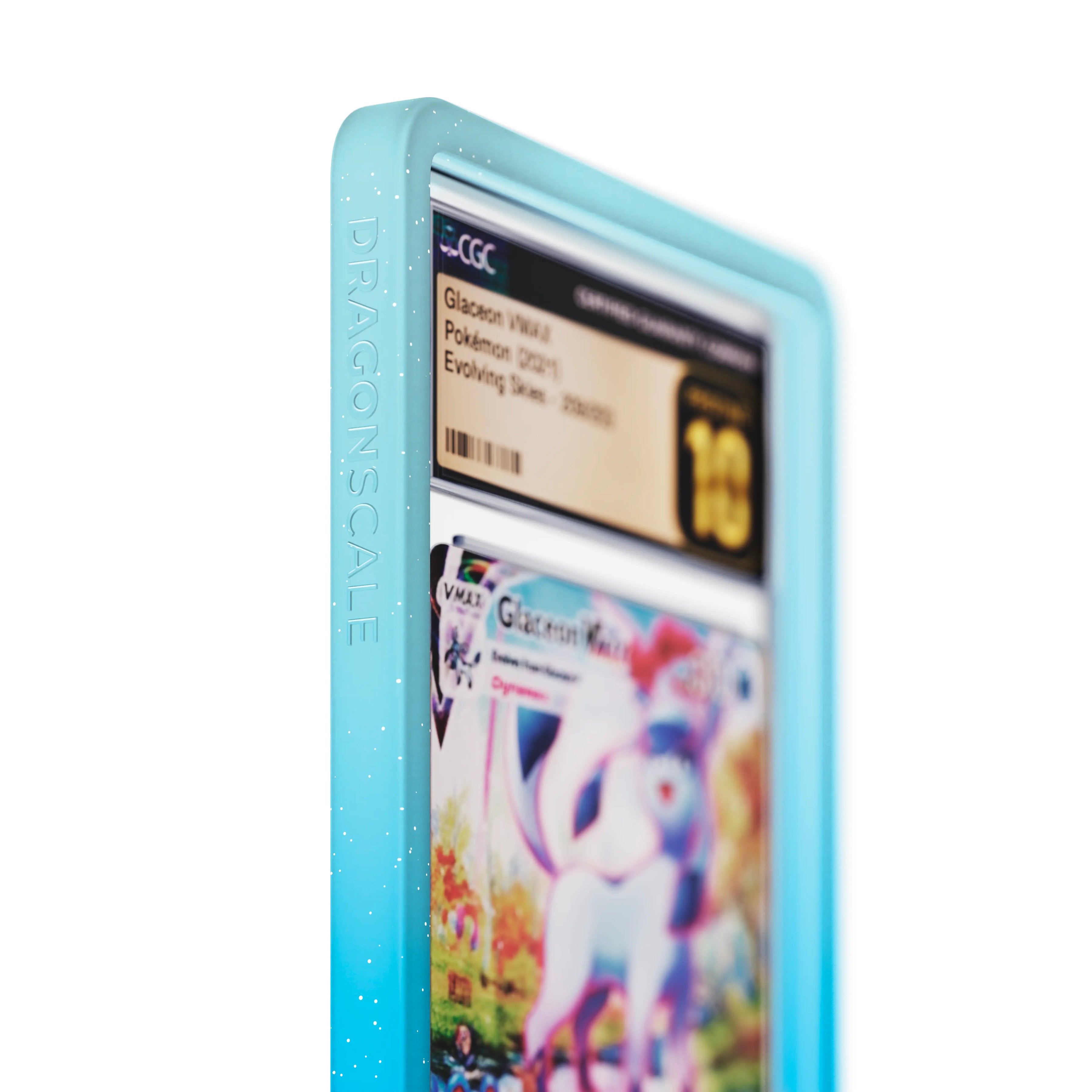 Close up logo zoom view of a CGC slab in Radiant Aqua Dragonscale bumper guard, featuring a Glaceon VMAX Evolving Skies CGC 10 Pokemon card.