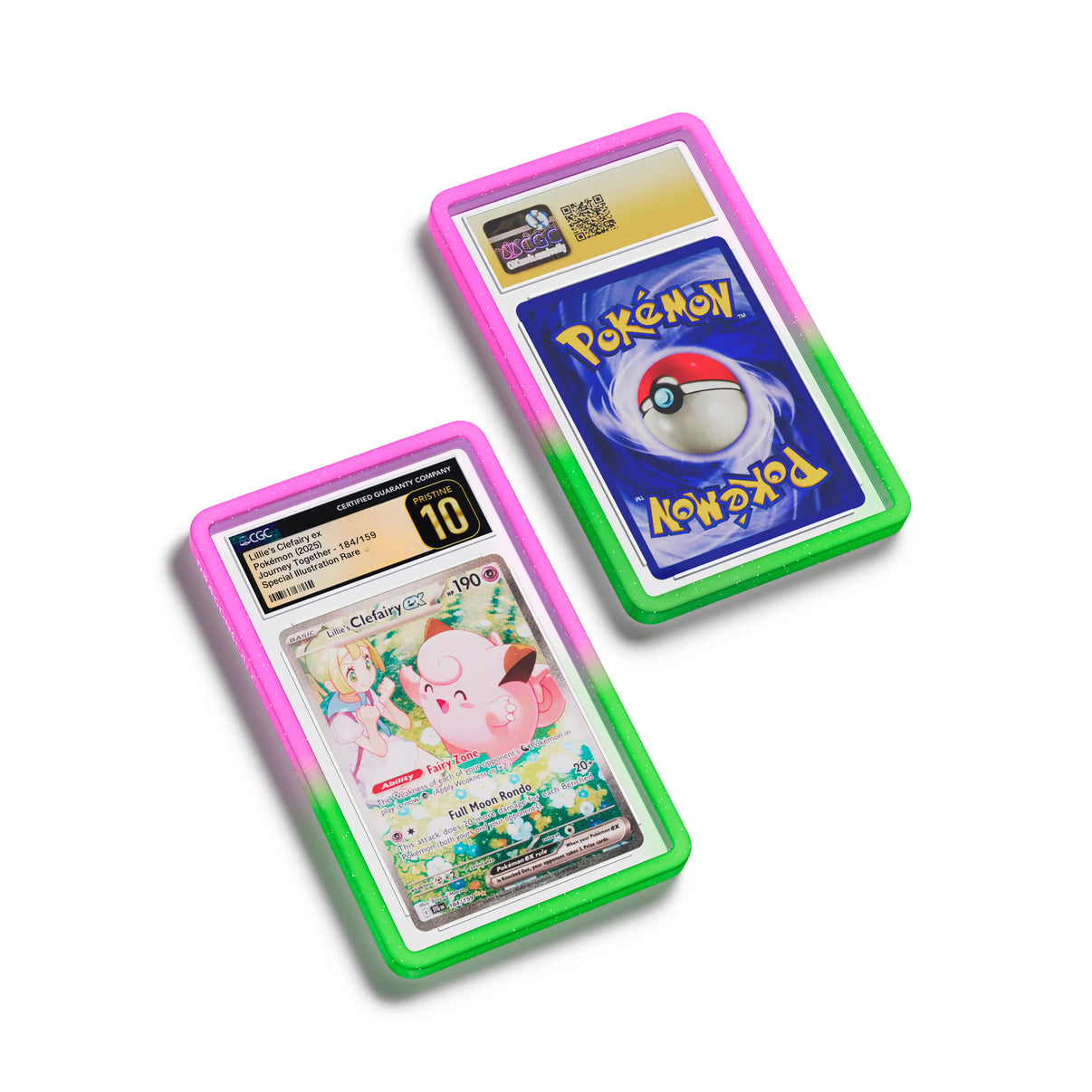Top-down flat view of a CGC slab in Radiant Aurora Dragonscale bumper guard, featuring a Lillie’s Clefairy EX Journey Together CGC 10 Pokemon card.