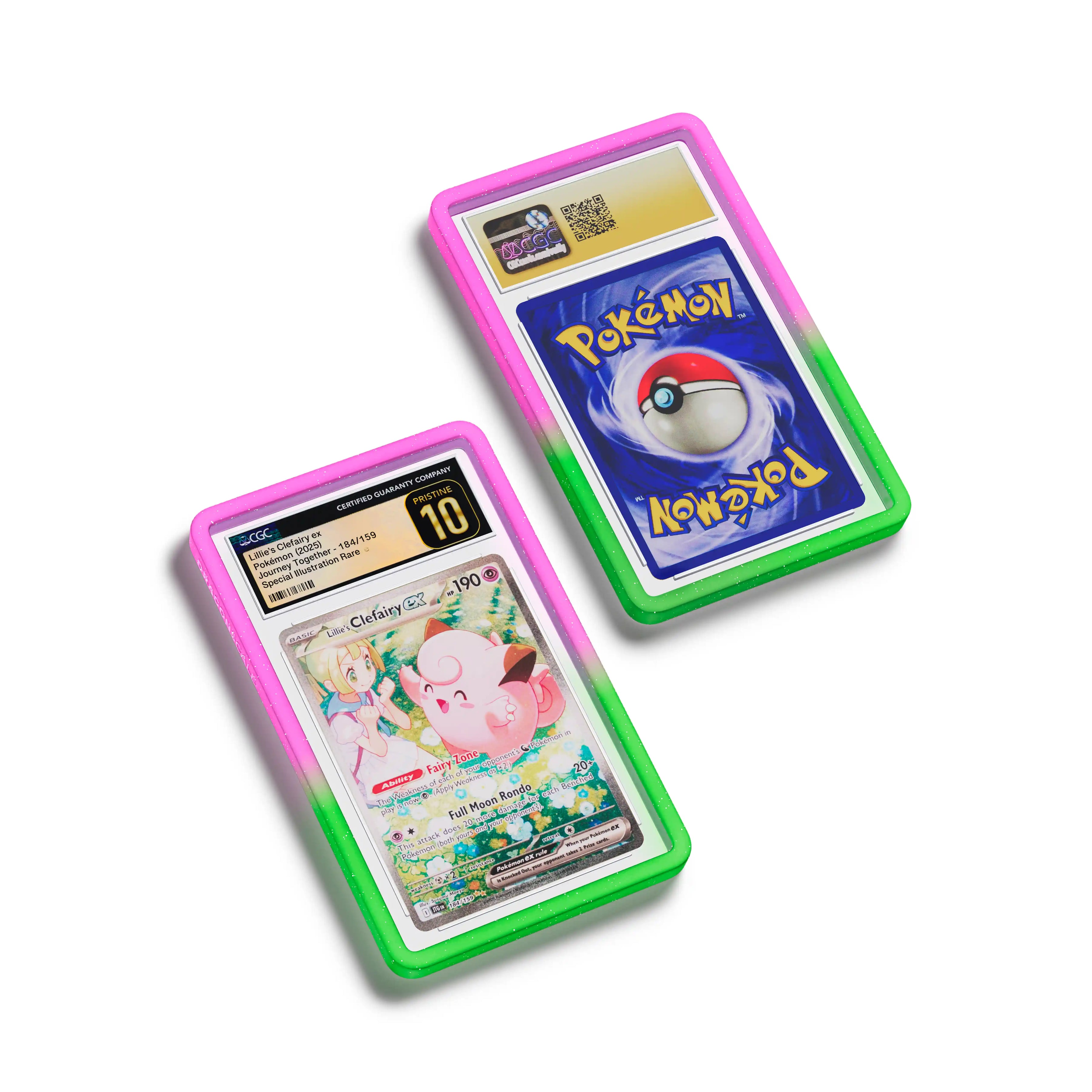 Top-down flat view of a CGC slab in Radiant Aurora Dragonscale bumper guard, featuring a Lillie’s Clefairy EX Journey Together CGC 10 Pokemon card.