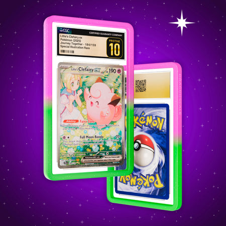 Front and back view of a CGC slab in Radiant Aurora Dragonscale bumper guard, featuring a Lillie’s Clefairy EX Journey Together CGC 10 Pokemon card.
