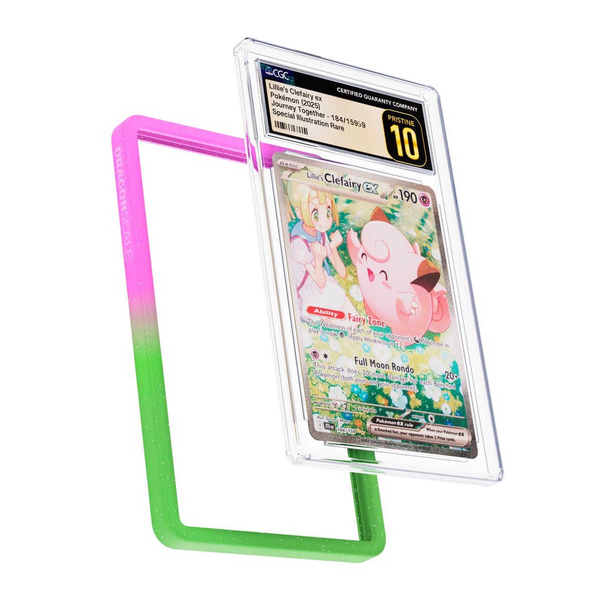 Display and demo view of a CGC slab in Radiant Aurora Dragonscale bumper guard, featuring a Lillie’s Clefairy EX Journey Together CGC 10 Pokemon card.

