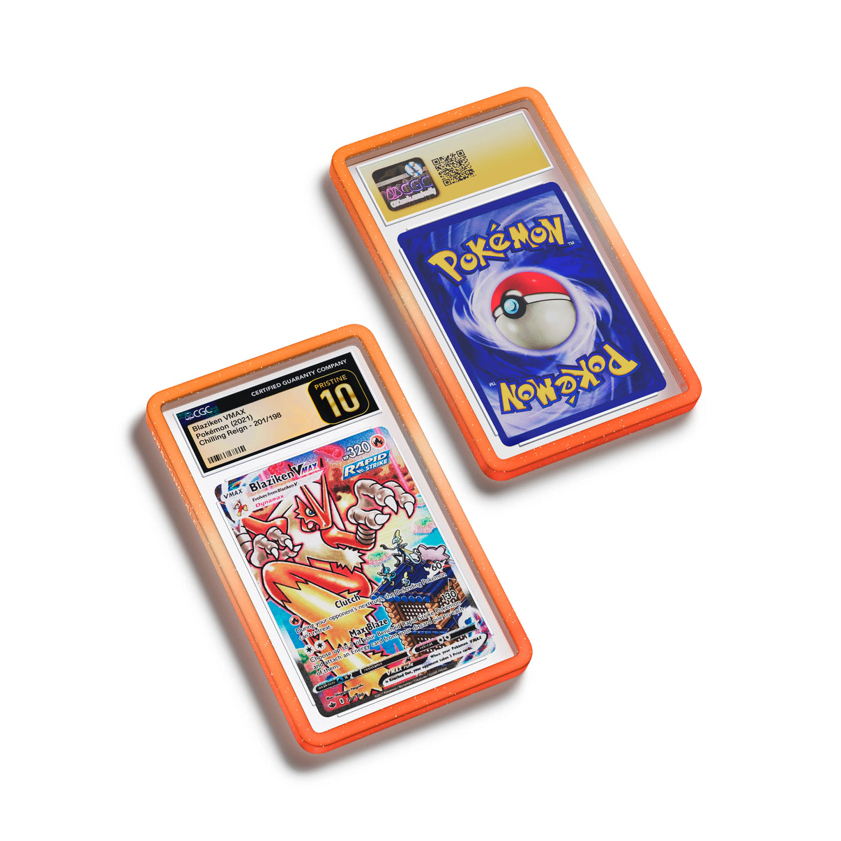 Top-down flat view of a CGC slab in Radiant Blaze Dragonscale bumper guard, featuring a Blaziken VMAX Chilling Reign CGC 10 Pokemon card.