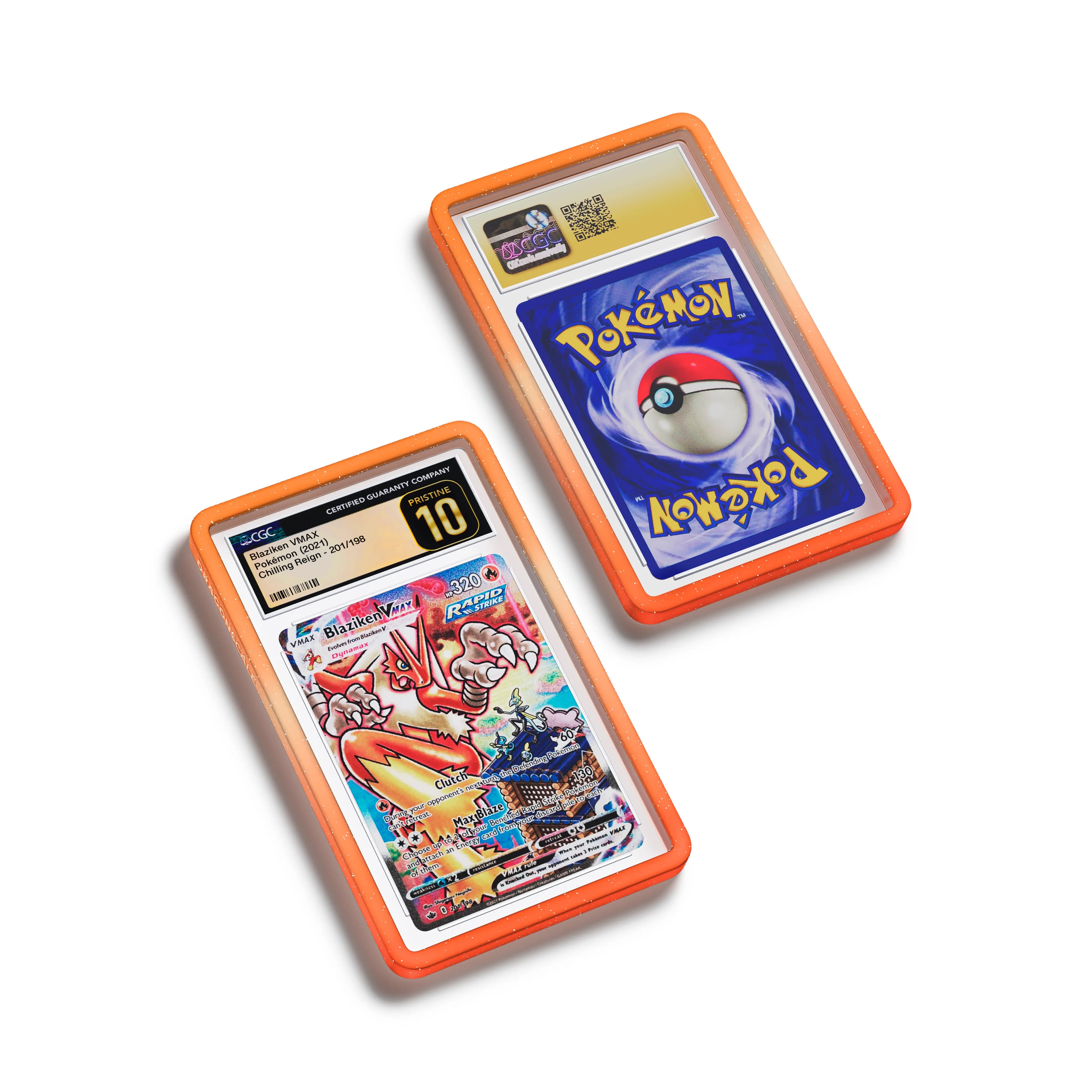 Top-down flat view of a CGC slab in Radiant Blaze Dragonscale bumper guard, featuring a Blaziken VMAX Chilling Reign CGC 10 Pokemon card.