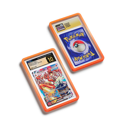Top-down flat view of a CGC slab in Radiant Blaze Dragonscale bumper guard, featuring a Blaziken VMAX Chilling Reign CGC 10 Pokemon card.