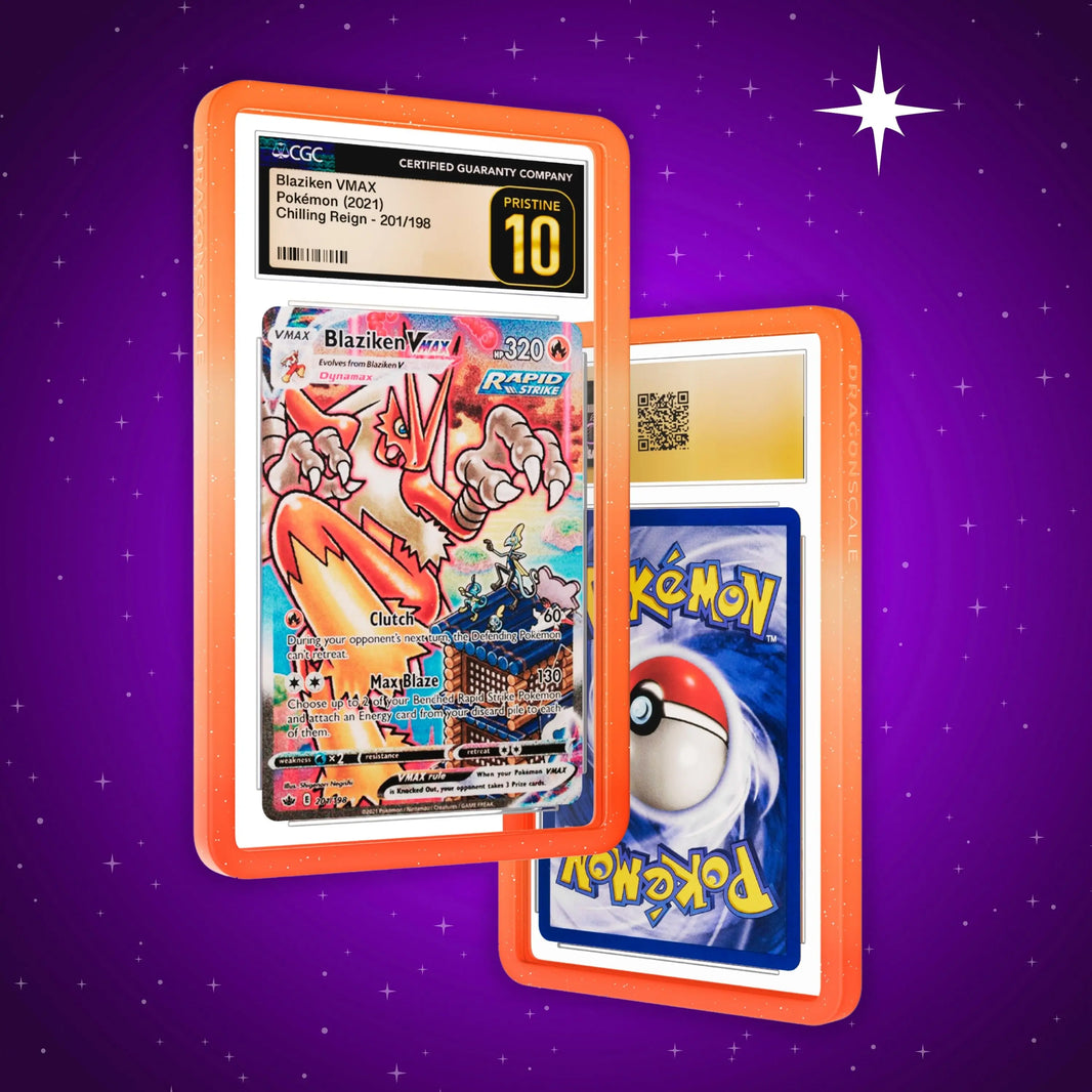 Front and back view of a CGC slab in Radiant Blaze Dragonscale bumper guard, featuring a Blaziken VMAX Chilling Reign CGC 10 Pokemon card.