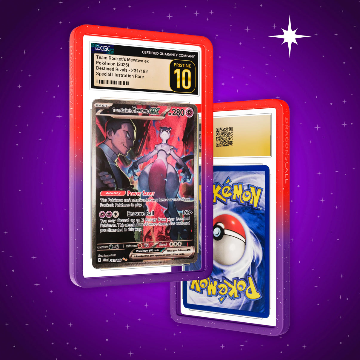 Front and back view of a CGC slab in Radiant Chaos Dragonscale bumper guard, featuring a Team Rocket’s Mewtwo EX Destined Rivals CGC 10 Pokemon card.