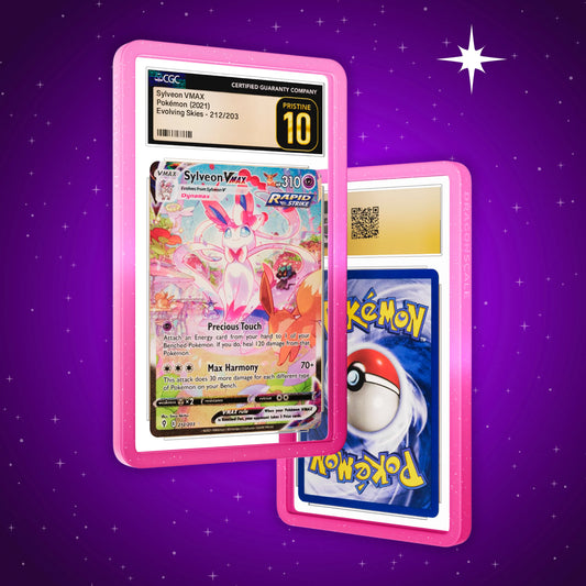 Front and back view of a CGC slab in Radiant Charm Dragonscale bumper guard, featuring a Sylveon VMAX Evolving Skies CGC 10 Pokemon card.
