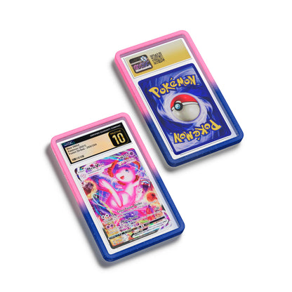 Top-down flat view of a CGC slab in Radiant Cosmic Dragonscale bumper guard, featuring a Mew VMAX Fusion Strike CGC 10 Pokemon card.