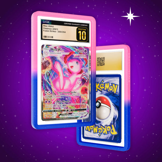 Front and back view of a CGC slab in Radiant Cosmic Dragonscale bumper guard, featuring a Mew VMAX Fusion Strike CGC 10 Pokemon card.