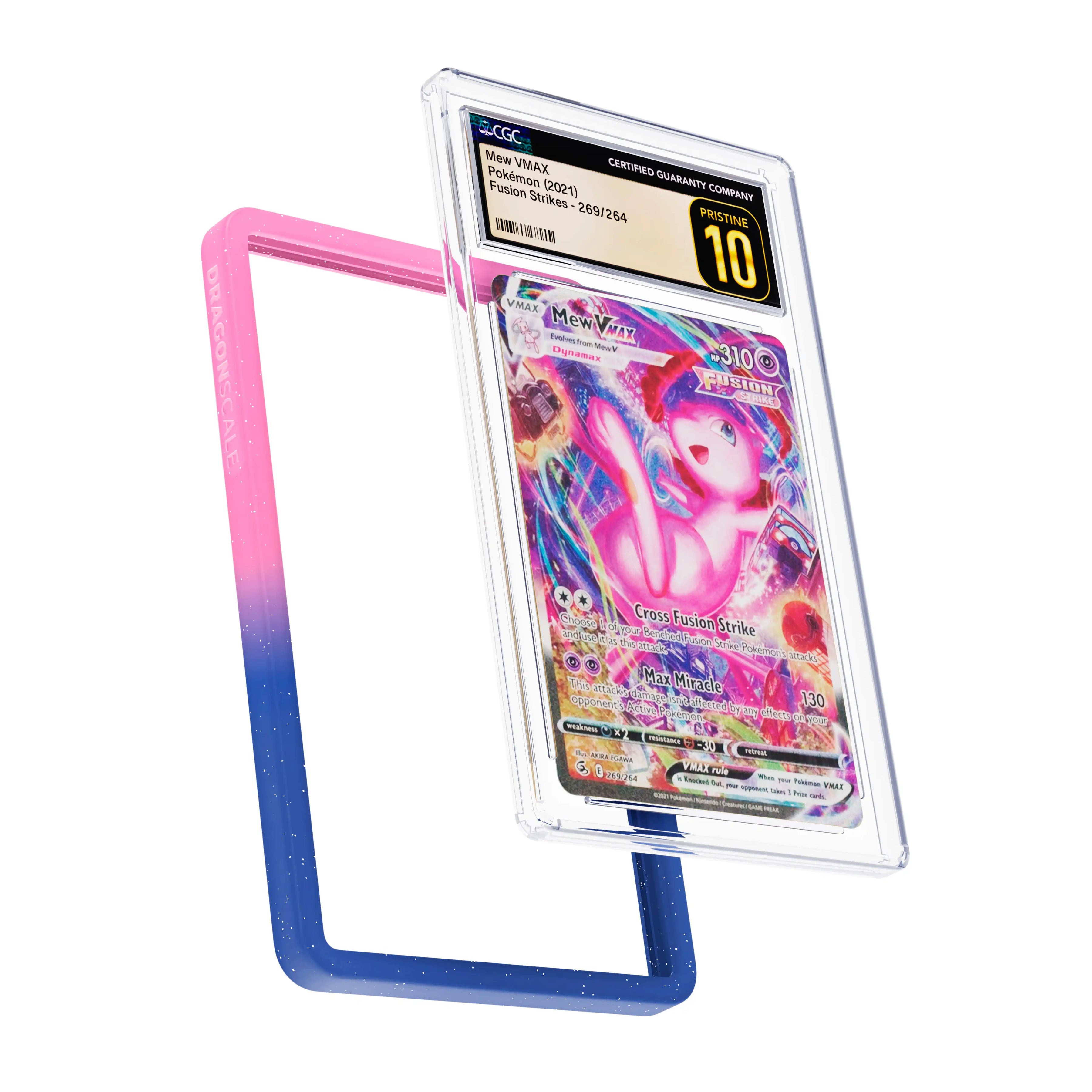 Display and demo view of a CGC slab in Radiant Cosmic Dragonscale bumper guard, featuring a Mew VMAX Fusion Strike CGC 10 Pokemon card.