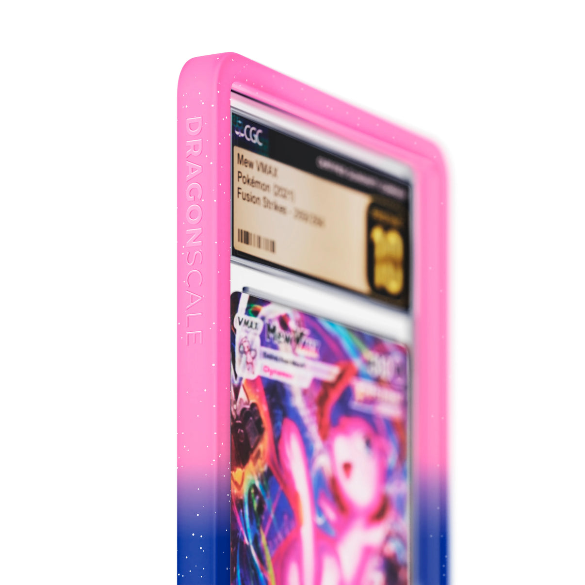 Close up logo zoom view of a CGC slab in Radiant Cosmic Dragonscale bumper guard, featuring a Mew VMAX Fusion Strike CGC 10 Pokemon card.