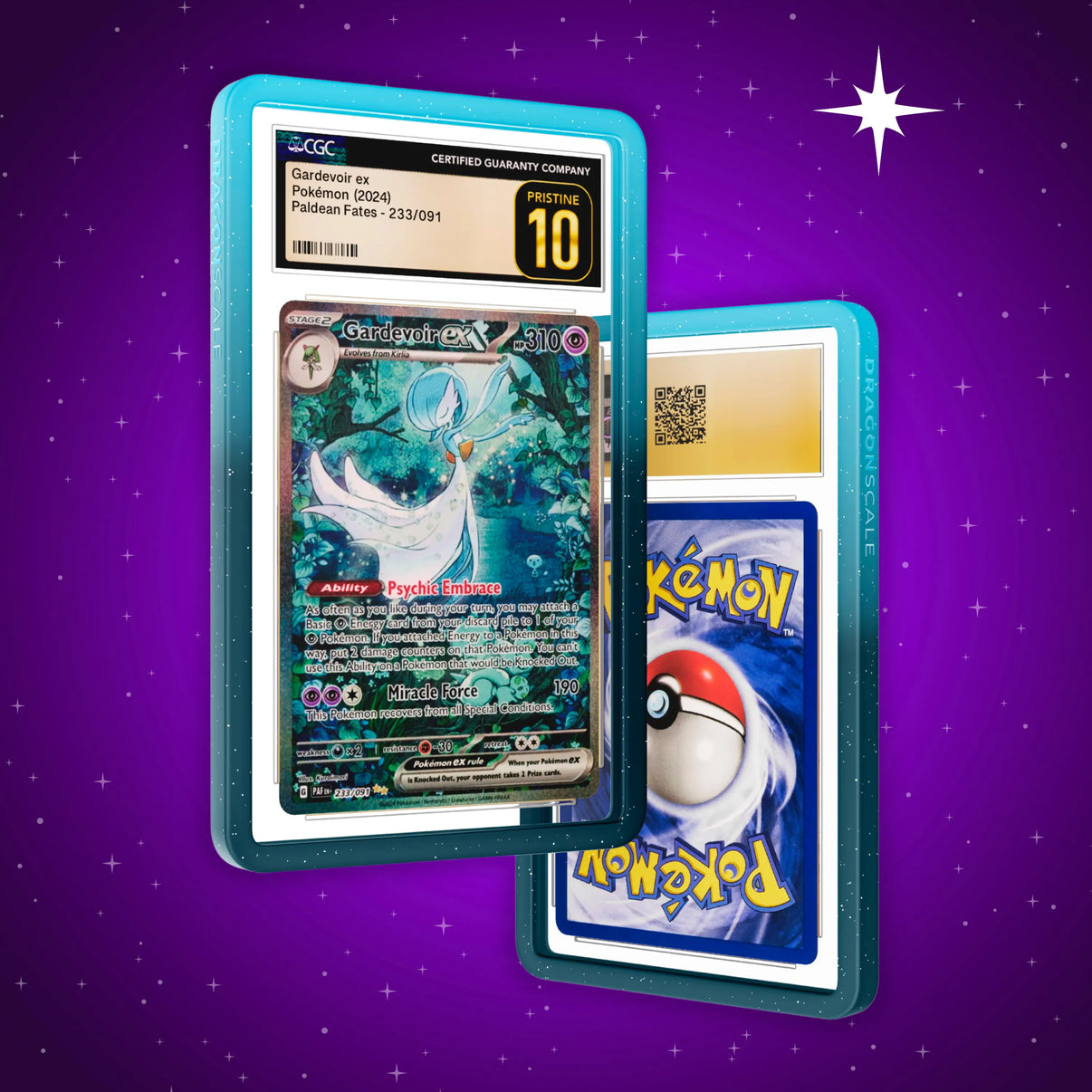 Front and back view of a CGC slab in Radiant Ethereal Dragonscale bumper guard, featuring a Gardevoir EX Paldean Fates CGC 10 Pokemon card.