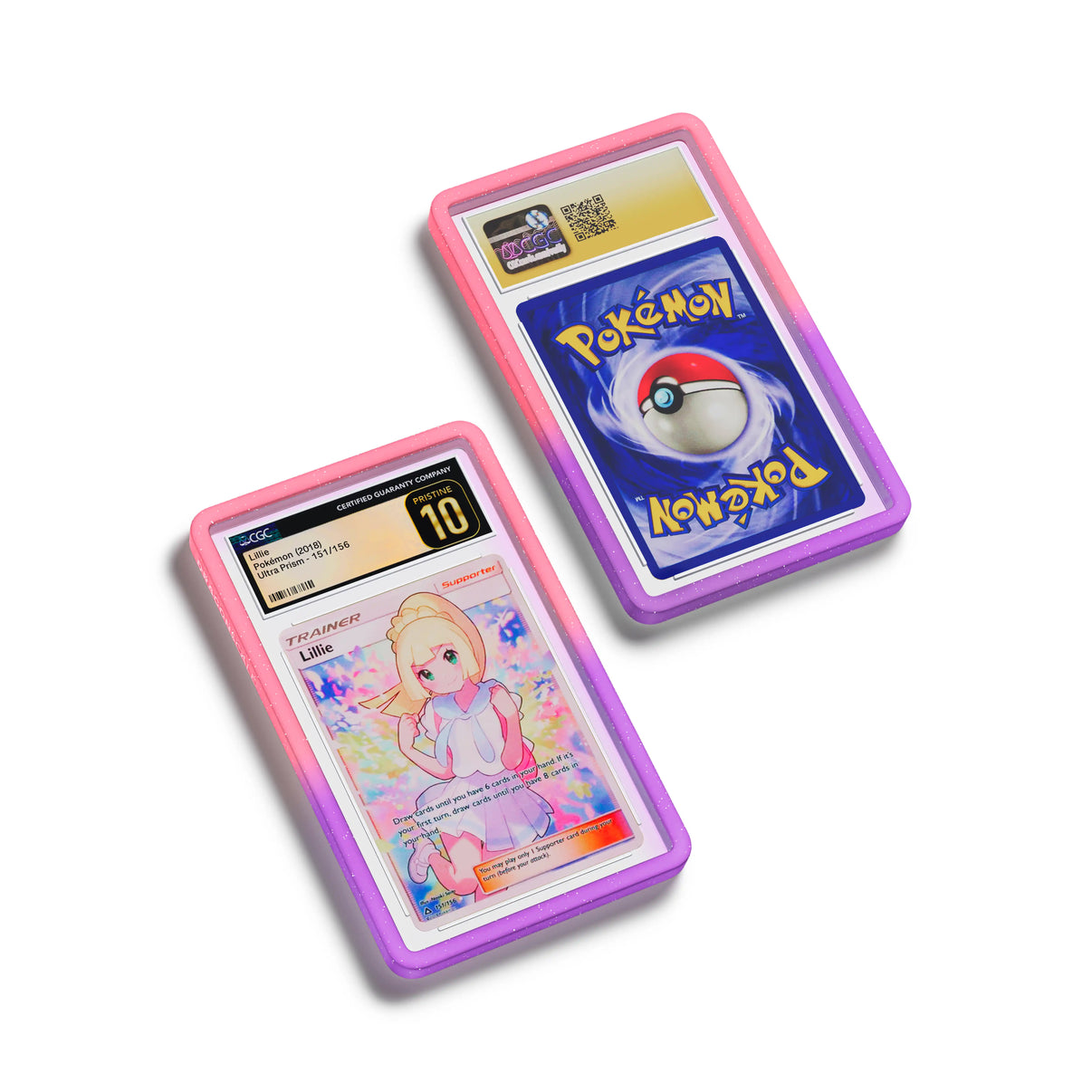 Top-down flat view of a CGC slab in Radiant Fairy Dragonscale bumper guard, featuring a Lillie Sun & Moon CGC 10 Pokemon card.
