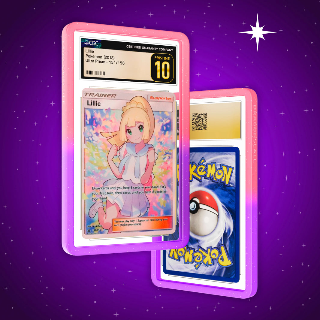 Front and back view of a CGC slab in Radiant Fairy Dragonscale bumper guard, featuring a Lillie Sun & Moon CGC 10 Pokemon card.