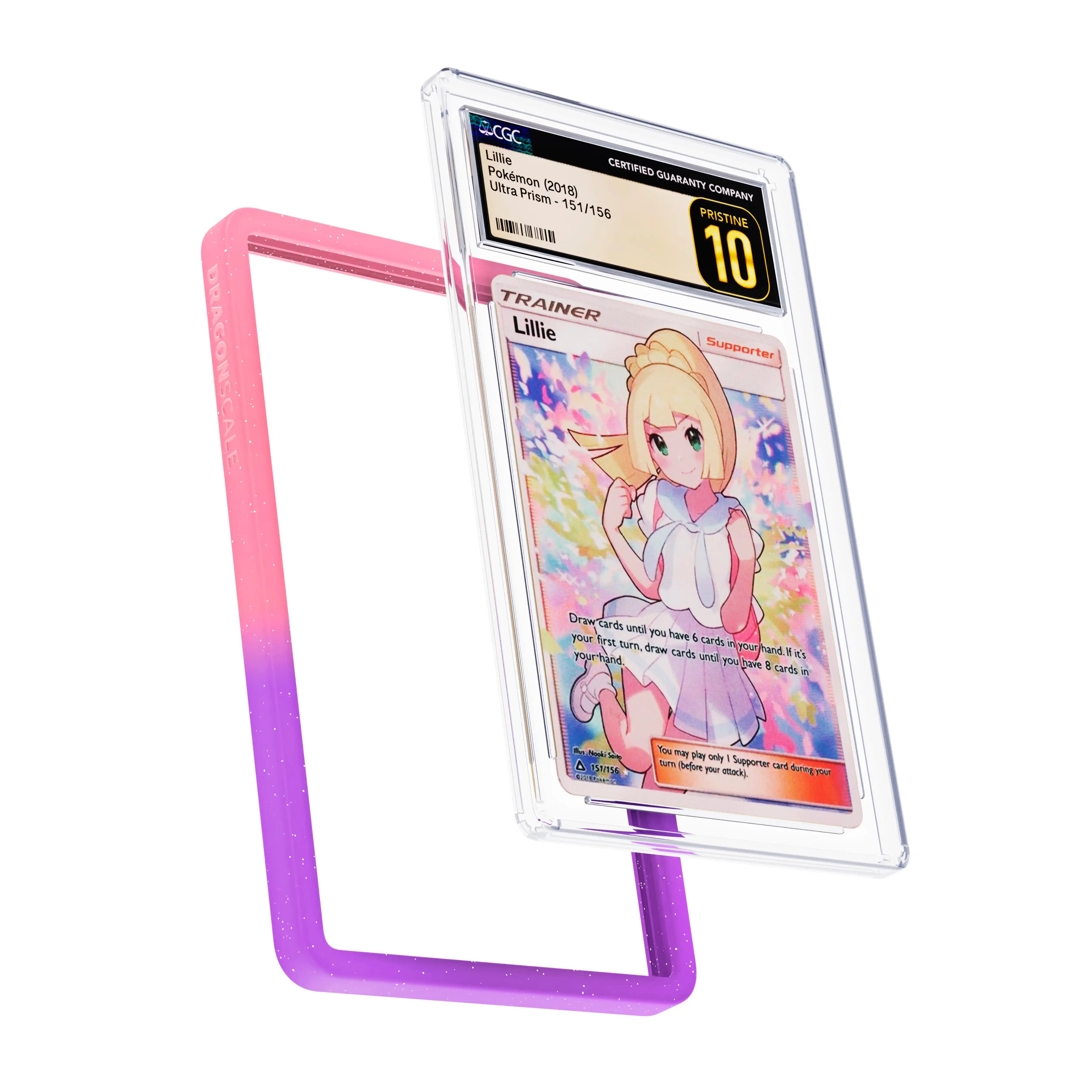 Display and demo view of a CGC slab in Radiant Fairy Dragonscale bumper guard, featuring a Lillie Sun & Moon CGC 10 Pokemon card.
