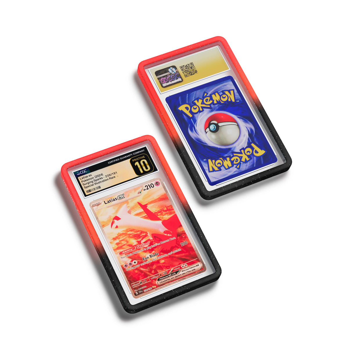Top-down flat view of a CGC slab in Radiant Infernal Dragonscale bumper guard, featuring a Latias EX Surging Sparks CGC 10 Pokemon card.
