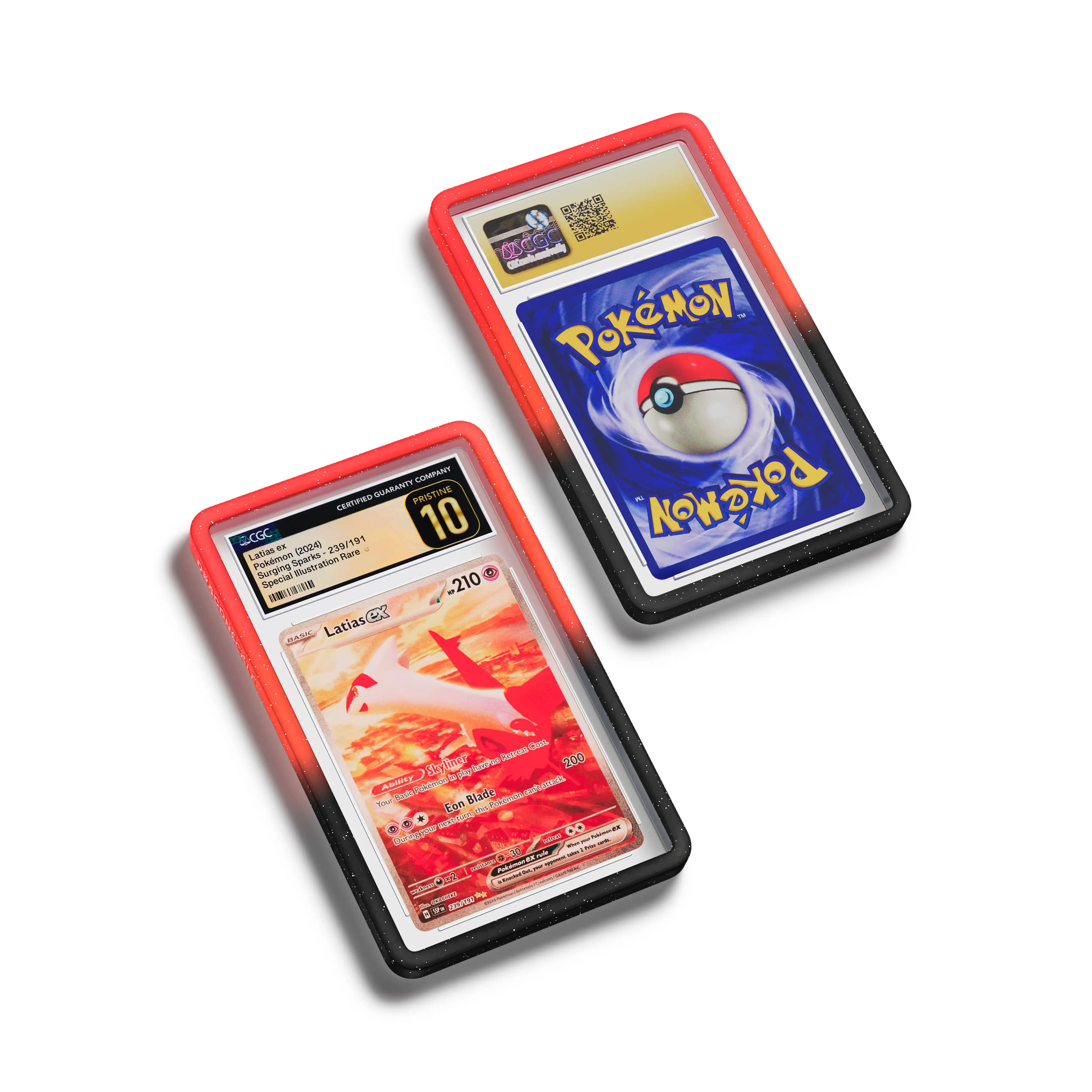 Top-down flat view of a CGC slab in Radiant Infernal Dragonscale bumper guard, featuring a Latias EX Surging Sparks CGC 10 Pokemon card.
