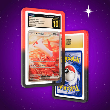 Front and back view of a CGC slab in Radiant Infernal Dragonscale bumper guard, featuring a Latias EX Surging Sparks CGC 10 Pokemon card.
