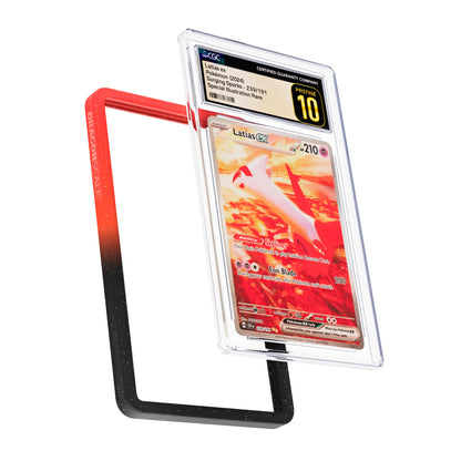 Display and demo view of a CGC slab in Radiant Infernal Dragonscale bumper guard, featuring a Latias EX Surging Sparks CGC 10 Pokemon card.

