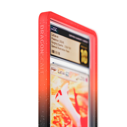Close up logo zoom view of a CGC slab in Radiant Infernal Dragonscale bumper guard, featuring a Latias EX Surging Sparks CGC 10 Pokemon card.
