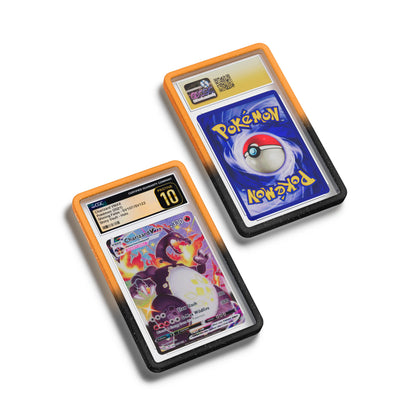 Top-down flat view of a CGC slab in Radiant Magma Dragonscale bumper guard, featuring a Charizard VMAX Shining Fates CGC 10 Pokemon card.