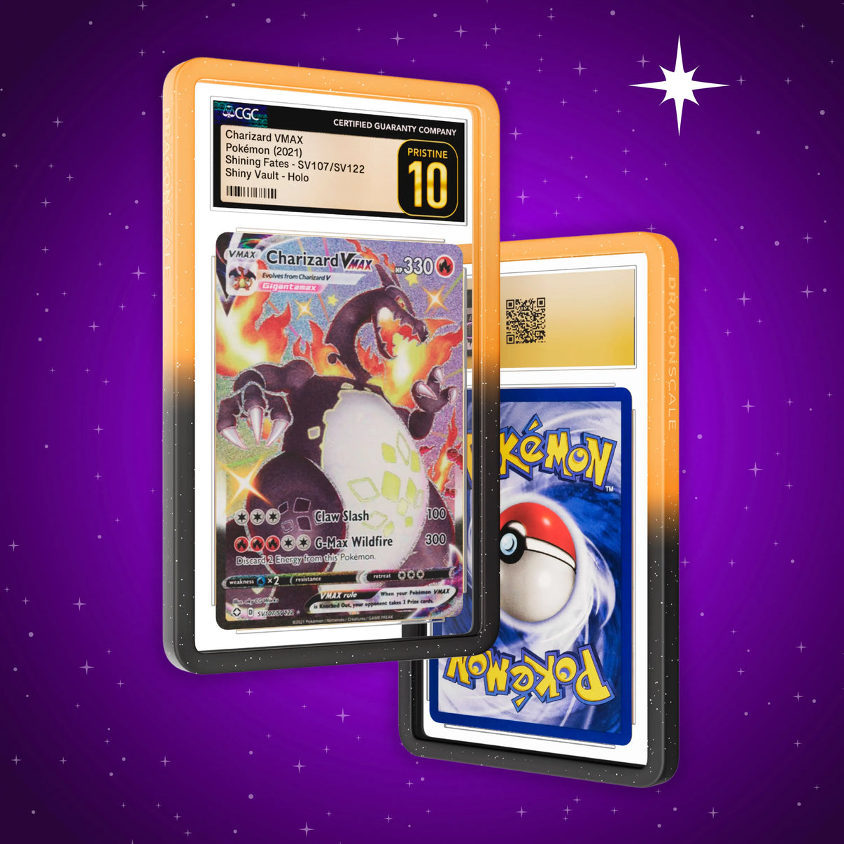 Front and back view of a CGC slab in Radiant Magma Dragonscale bumper guard, featuring a Charizard VMAX Shining Fates CGC 10 Pokemon card.
