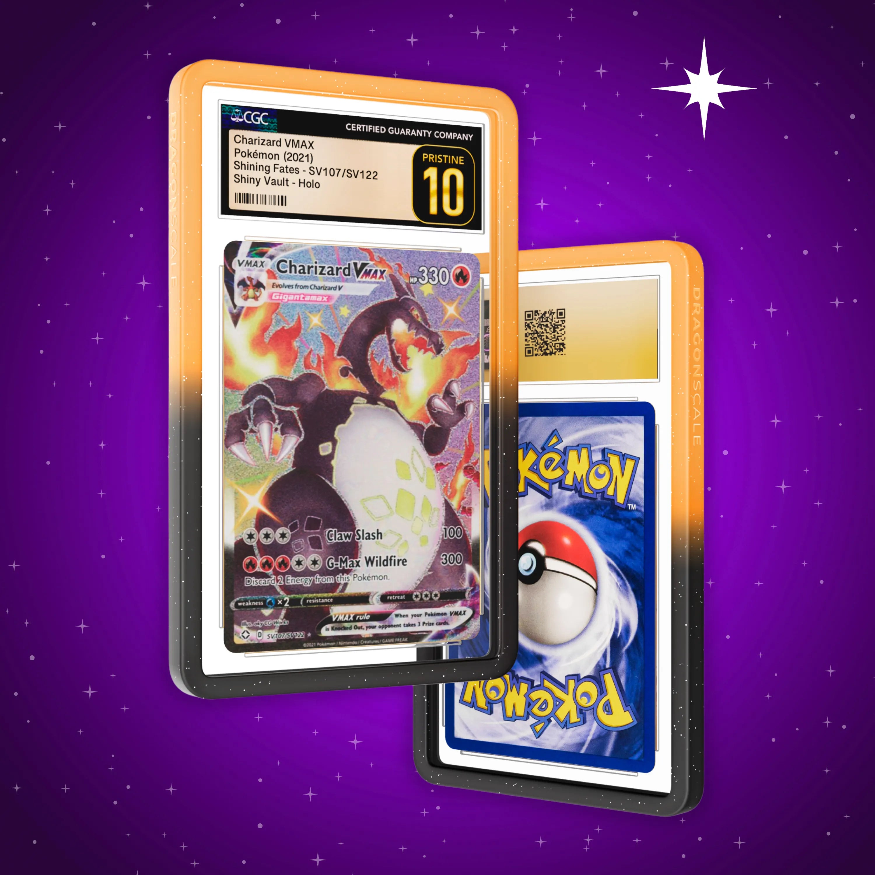 Front and back view of a CGC slab in Radiant Magma Dragonscale bumper guard, featuring a Charizard VMAX Shining Fates CGC 10 Pokemon card.
