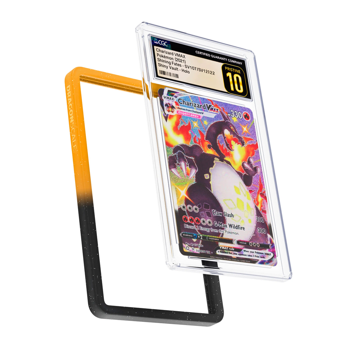 Display and demo view of a CGC slab in Radiant Magma Dragonscale bumper guard, featuring a Charizard VMAX Shining Fates CGC 10 Pokemon card.
